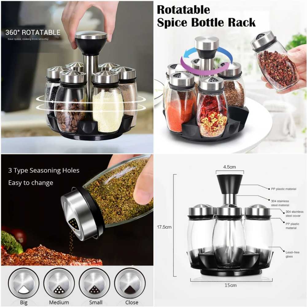 Rotating Spice Rack Organizer – 6 Pcs Glass Jars Set for Modern Kitchen